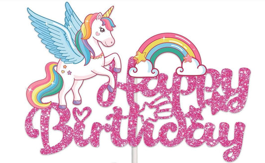 Happy Birthday Unicorn Cake Topper | Glittery Pink | Flying Unicorn | Rainbow | Magical Party Decor | Easy Assembly