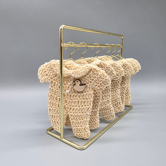 Set of 6 - Baby Cream Crochet Onesie with Wooden Duckie Charm, Baby shower favors, Crochet mini outfit