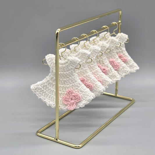 Set of 6 - White crochet Baby Dress with Pink Flower, Baby shower favors, Baby Pink, Baby welcome, Crochet mini dress, quinceanera communion