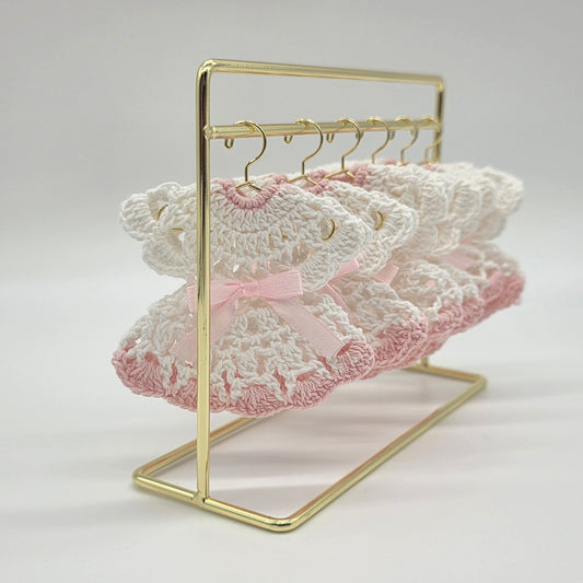 Mini Crochet Dress Party Gifts - Handmade Baby Shower Decoration & Guest Party Favors| Customizable Set with Hangers & Display Rack