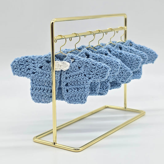 Tiny Crochet Baby Shower Party Gifts - Blue Mini Cardigan Jackets Favors with White Bow Ties - Gold Hanger & Rack Options - Handmade