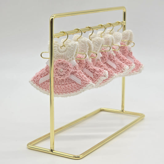 Set of 6 Mini Crochet Dress Party Gift | Unique Baby Shower Party Favor & Keepsake | Handmade Tiny Dress Decor with Hangers & Rack
