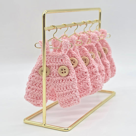 Mini Crochet Pink Overalls Set of 6 Party Gifts - Tiny Pink Party Favor for Baby Showers & Birthdays! Mini Crochet with Tiny Hangers