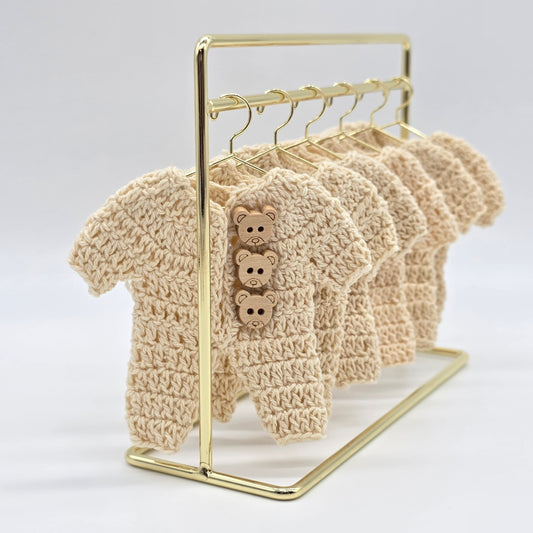 Handmade Cream Crochet Teddy Bear Party Gift - 3" Mini Crochet Party Favor Set of 6 with Wood Engraved Charms & Gold Display Option
