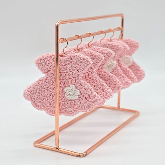 Mini Crochet Baby Pink Dress Party Favor Set of 6 | Unique Handmade Baby Shower Party Gift & Decor with Optional Gold Hangers & Rack