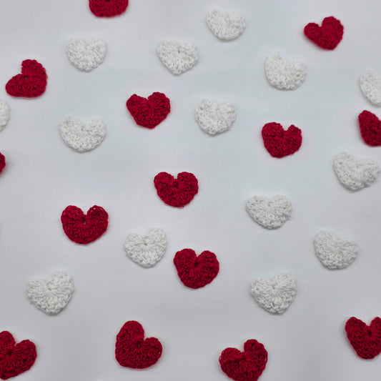 12pc Tiny Crochet Hearts - Mini 1” Handmade Yarn Hearts for Valentine’s Day, Scrapbooking, Crafts & Table Scatter - Red & White Set