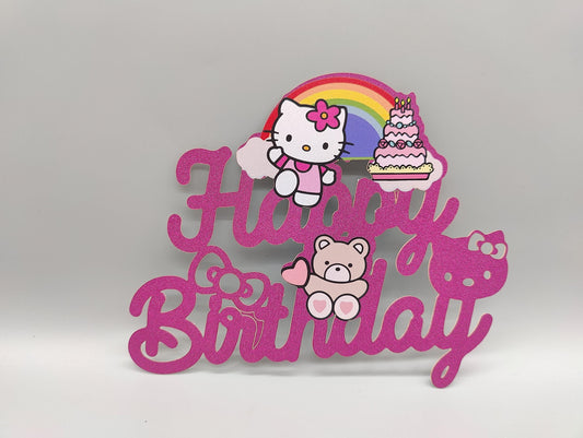 Custom Kitty Happy Birthday Cake Topper - Shimmery Pink Kitty Birthday Decoration