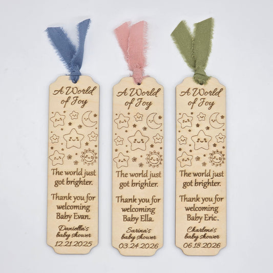 12 Personalized wood Baby Shower party favor bookmarks - Custom star moon celestial party gifts - Pink Blue Sage ribbon accent options