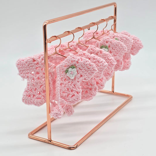 6 Pink Mini Crochet Favors - Baby Shower Decor, Tiny Cardigan Jacket, Gender Reveal Party Keepsake, Miniature Hanger & Rack Options