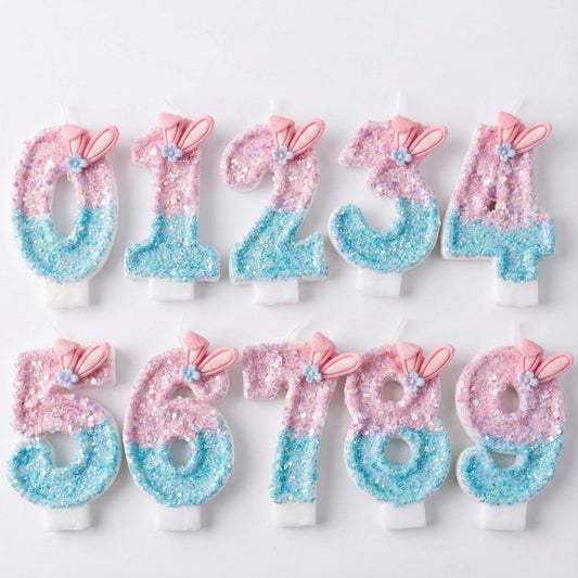 Pink & Blue Ombre Glitter Bunny Ear Number Birthday Candle! Comes in a clear case. Cute kawaii party decor