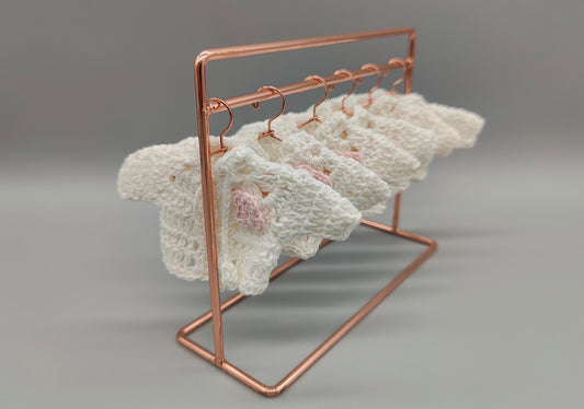 Set of 6 Mini Crochet Baby Jackets in White with Pink Flower & Drawstrings - Shower Favors, Keepsakes, Party Decor