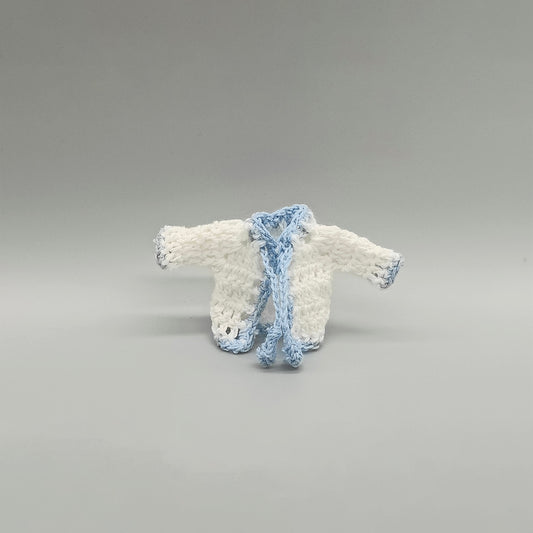 Baby white knit crochet mini jacket with baby blue outline, cute, baby shower, baby welcome, crochet favor, baby shower favors, Set of 6