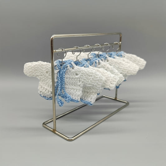 White Knit Crochet Mini Jackets with Baby Blue Accents and cute Drawstring Ties - Unique Baby Shower Favors - Set of 6