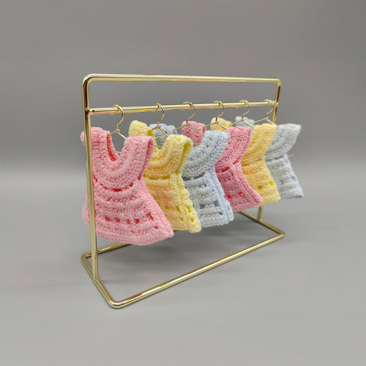 Mini Crochet Dress Baby Shower Favors - Set of 6 with Hangers & Rack Option - Tiny Keepsakes Your Guests Will Love! Pink, Blue, or Yellow
