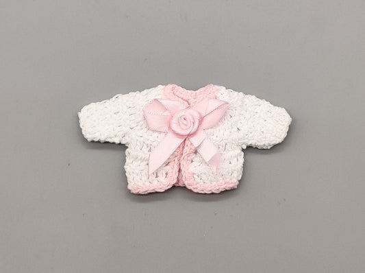 Crochet mini jacket, white with pink accent bow, cute favors, baby shower, baby welcome, crochet favors, baby shower favours, Set of 6