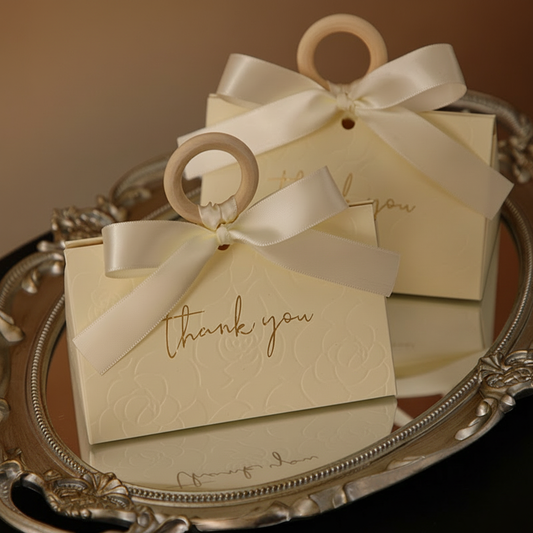 Elegant Wedding Favor Boxes with Wooden Handle & Ribbon - "Thank You" Guest Gift Box - Party Favor Boxes & Party Gifts - Set of 12