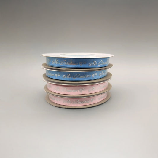 Mi Bautizo Ribbon with Holy Cross & Dove Pattern - Baby Blue or Baby Pink - Silver Embossed - 25 Yards x 3/8" - 100% Polyester - In Spanish