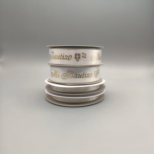 Mi Bautizo Ribbon - Holy Cross & Dove Pattern - White + Gold Embossed - Choice of 2 sizes - 3/8 in x 25 yards OR ~1 in x 25 yards - Spanish