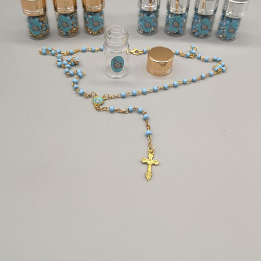 Baptism Favor - Baby Blue Beaded Rosary Necklace Crucifix Elegant Glass bottle Set of 12 - Choice of Gold or Silver - Recuerdos de Bautizo