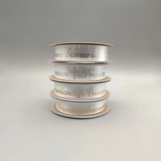 Primera Comunion Ribbon with Holy Cross - Gold Embossed or Silver Embossed - 25 Yards x ~1" - 100% Polyester - First Communion (In Spanish)