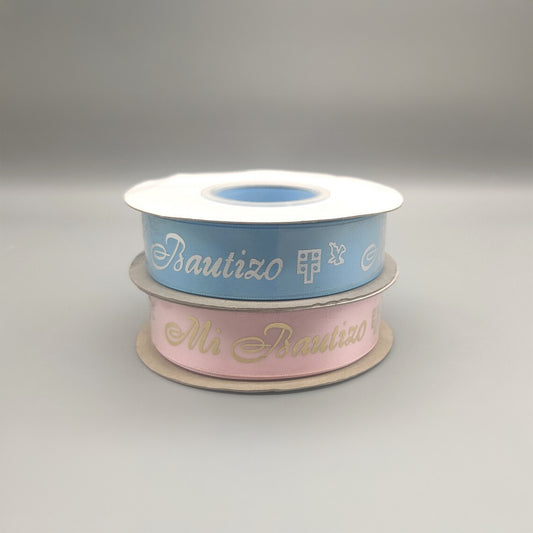 Mi Bautizo Ribbon with Holy Cross & Dove Pattern - Baby Blue or Baby Pink - Silver Embossed - 25 Yards x 1" - 100% Polyester - In Spanish