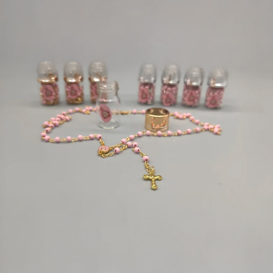 Baptism Favor - Baby Pink Beaded Rosary Necklace Crucifix Elegant Glass bottle Set of 12 - Choice of Gold or Silver - Recuerdos de Bautizo