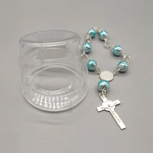 Baptism Favor - Baby Blue Beaded Mini Rosary Crucifix Elegant in Acrylic Case Set of 12 - Silver with Blue - Recuerdos de Bautizo