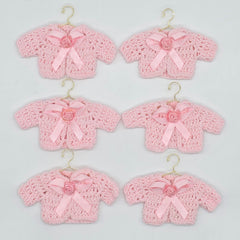 Mini Pink Crochet Cardigan Favors with Bow & Rose, Baby Shower Party Favors, Dollhouse Clothes, Set of 6 with Wire Hangers & Display Rack