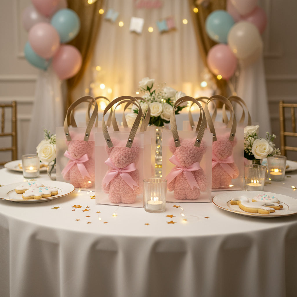 Chic Teddy Bear Towel Favors | Set of 6 Luxury Microfiber Baby Shower Gifts With Frosted Bag - Party Keepsakes