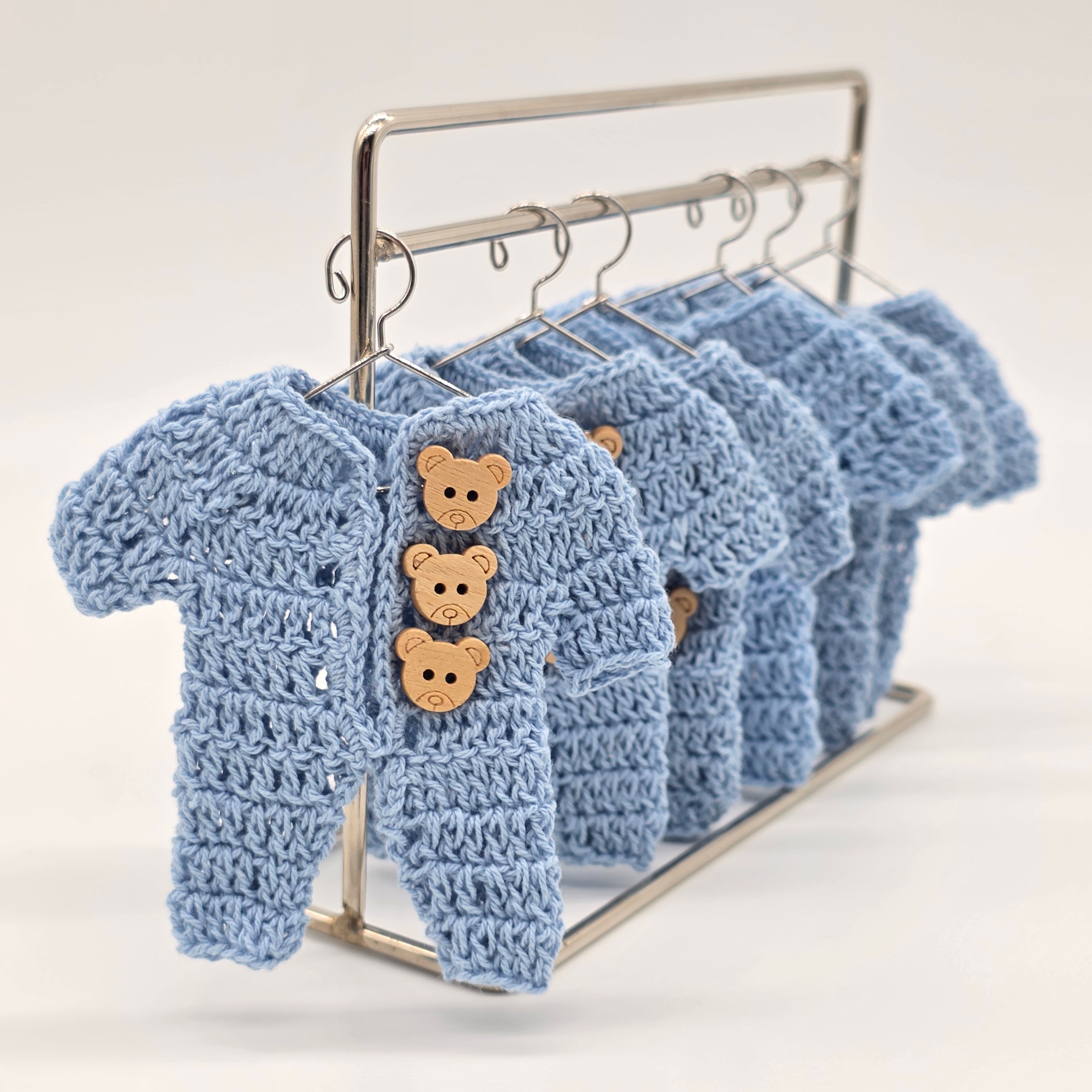 Mini Crochet Blue Onesie Party Favors - Set of 6 with Hanger & Hanging Rack Options - Tiny Teddy Bear Baby Shower