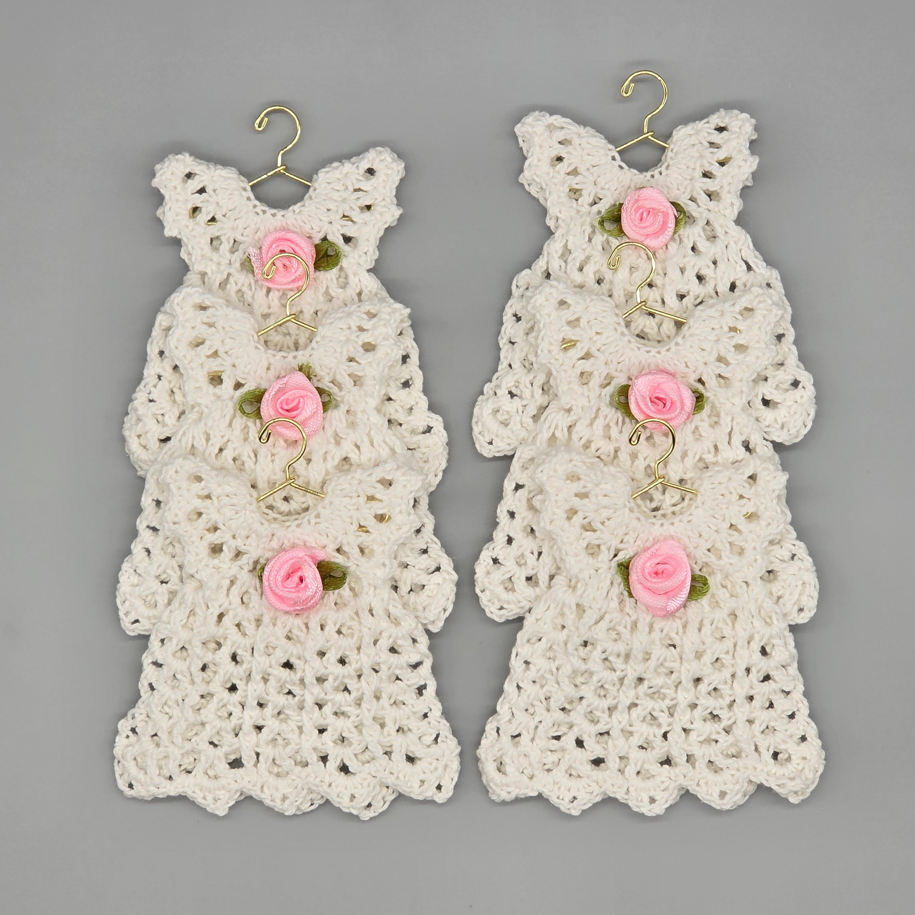 Mini Crochet Dress Favors Set of 6 - White Baby Shower Decor, Christening Decorations, Tiny Crocheted Dress Keepsakes with Hangers/Rack