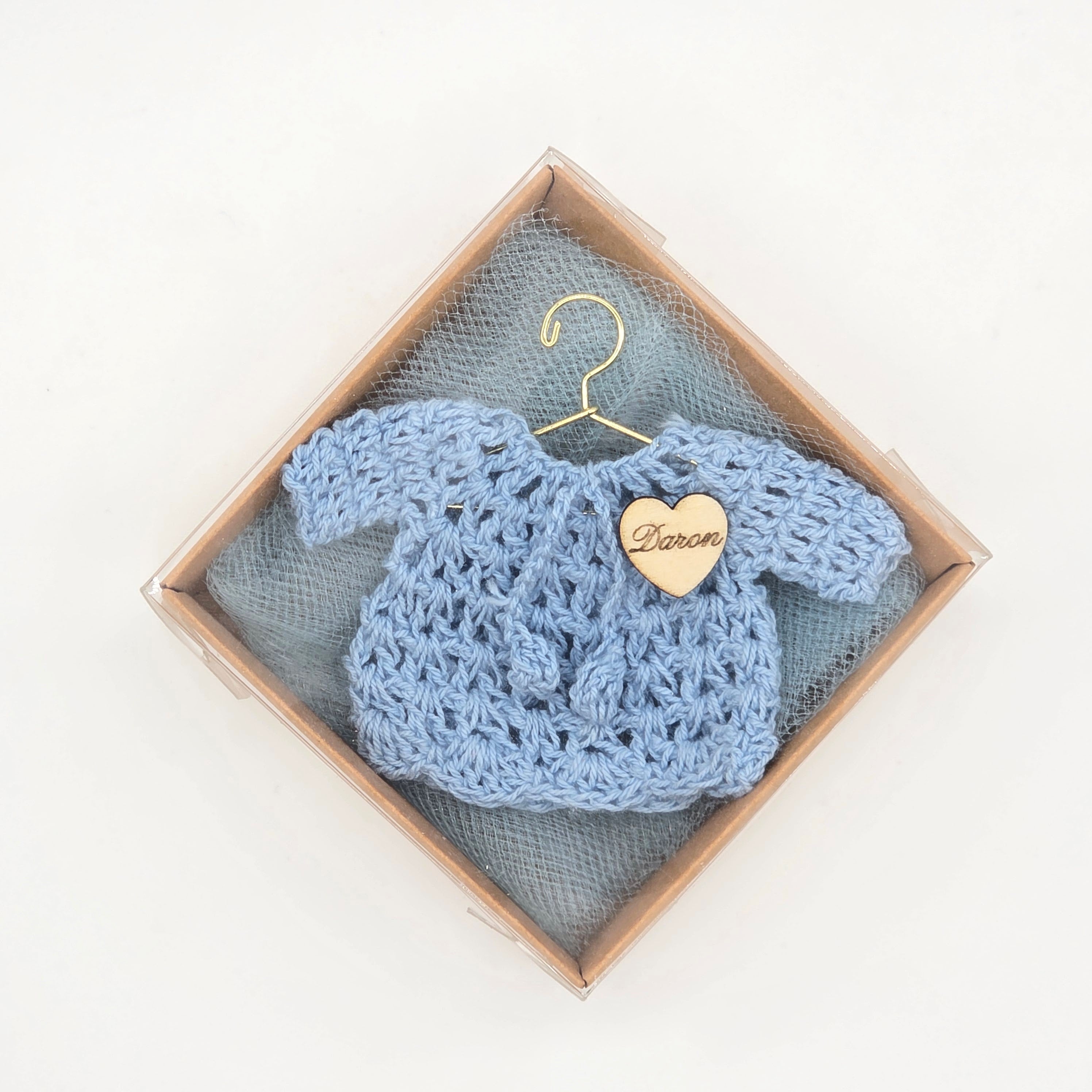 Personalized Blue Crochet Sweater Favors, Set of 12 Custom Baby Shower Keepsakes, Engraved Heart Baptism Cardigan in Display Box