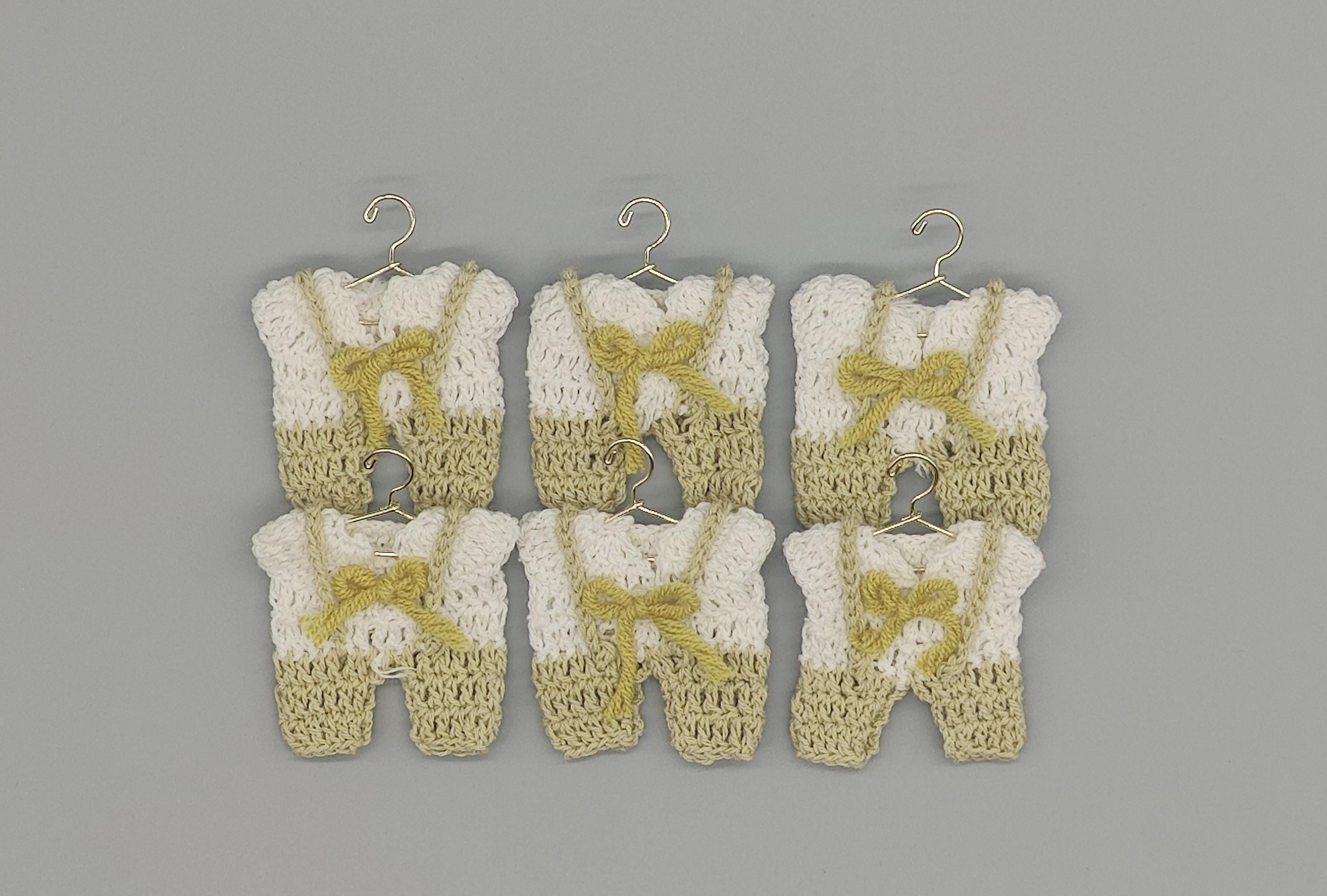 Set of 6 Mini Crochet Baby Overall Favors with bowtie - Sage Green - Baby Shower, Gender Reveal, Baby Welcome - Hanger and rack options!