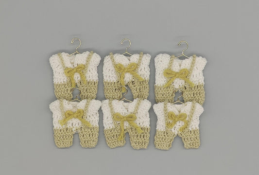 Set of 6 Mini Crochet Baby Overall Favors with bowtie - Sage Green - Baby Shower, Gender Reveal, Baby Welcome - Hanger and rack options!
