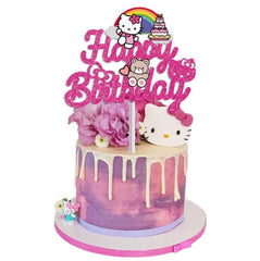 Custom Kitty Happy Birthday Cake Topper - Shimmery Pink Kitty Birthday Decoration