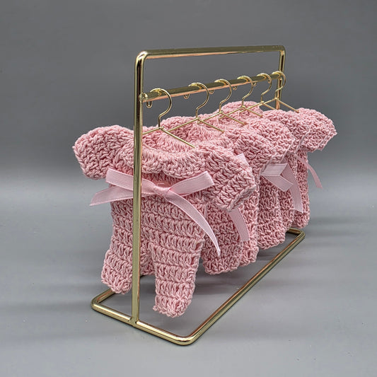 6 Pink Crochet Baby Shower Favors, Mini Onesie Keepsakes with Optional Gold Hangers & Display Rack, Handmade