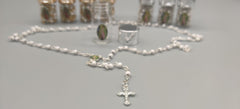 Baptism Favor - White Beaded Rosary Necklace Crucifix in elegant Glass bottle Set of 12 - Choice of Gold or Silver - Recuerdos de Bautizo