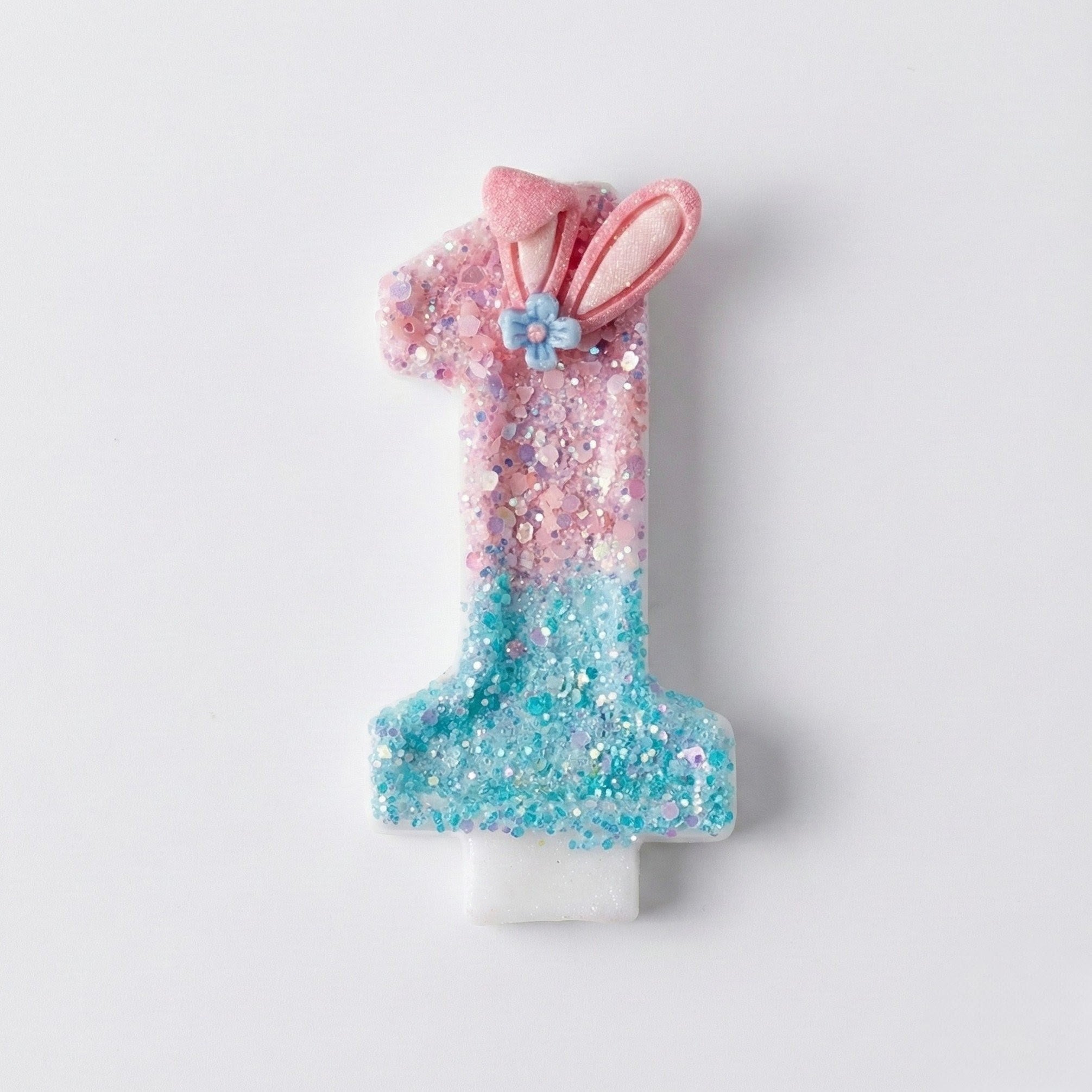 Pink & Blue Ombre Glitter Bunny Ear Number Birthday Candle! Comes in a clear case. Cute kawaii party decor