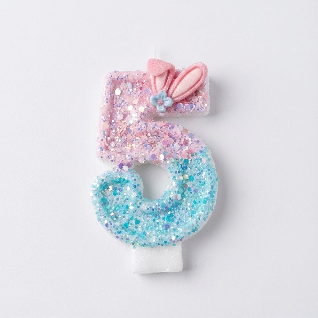 Pink & Blue Ombre Glitter Bunny Ear Number Birthday Candle! Comes in a clear case. Cute kawaii party decor