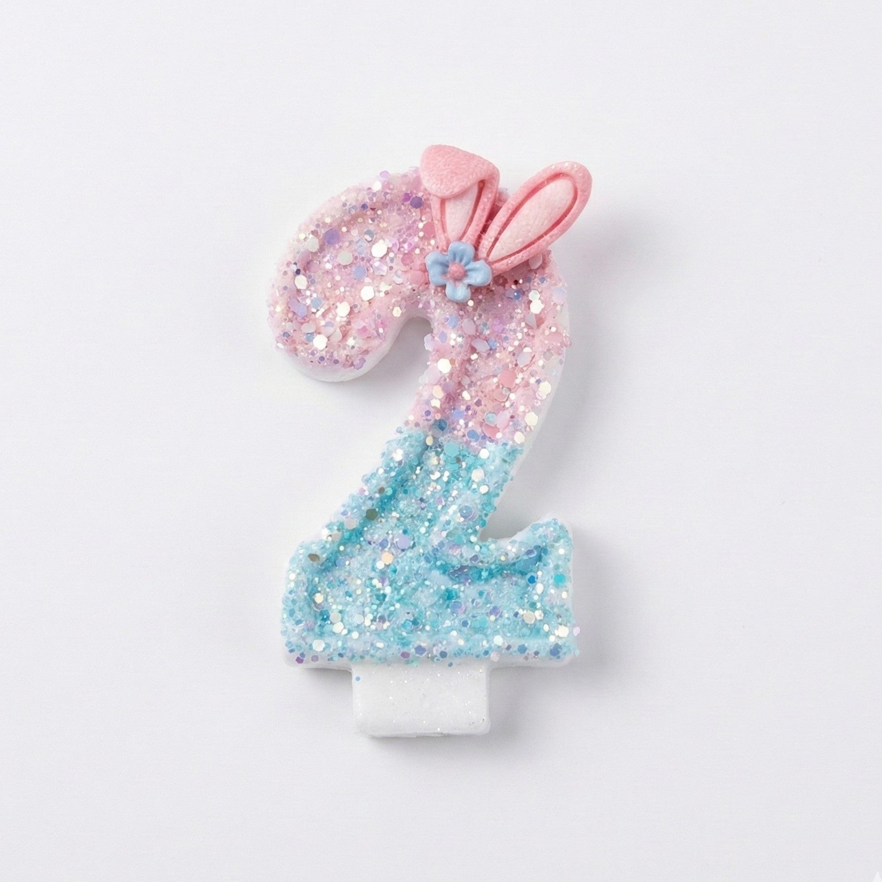Pink & Blue Ombre Glitter Bunny Ear Number Birthday Candle! Comes in a clear case. Cute kawaii party decor