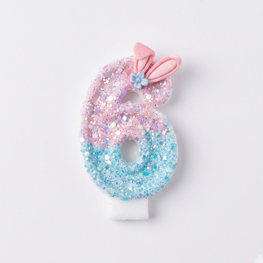 Pink & Blue Ombre Glitter Bunny Ear Number Birthday Candle! Comes in a clear case. Cute kawaii party decor