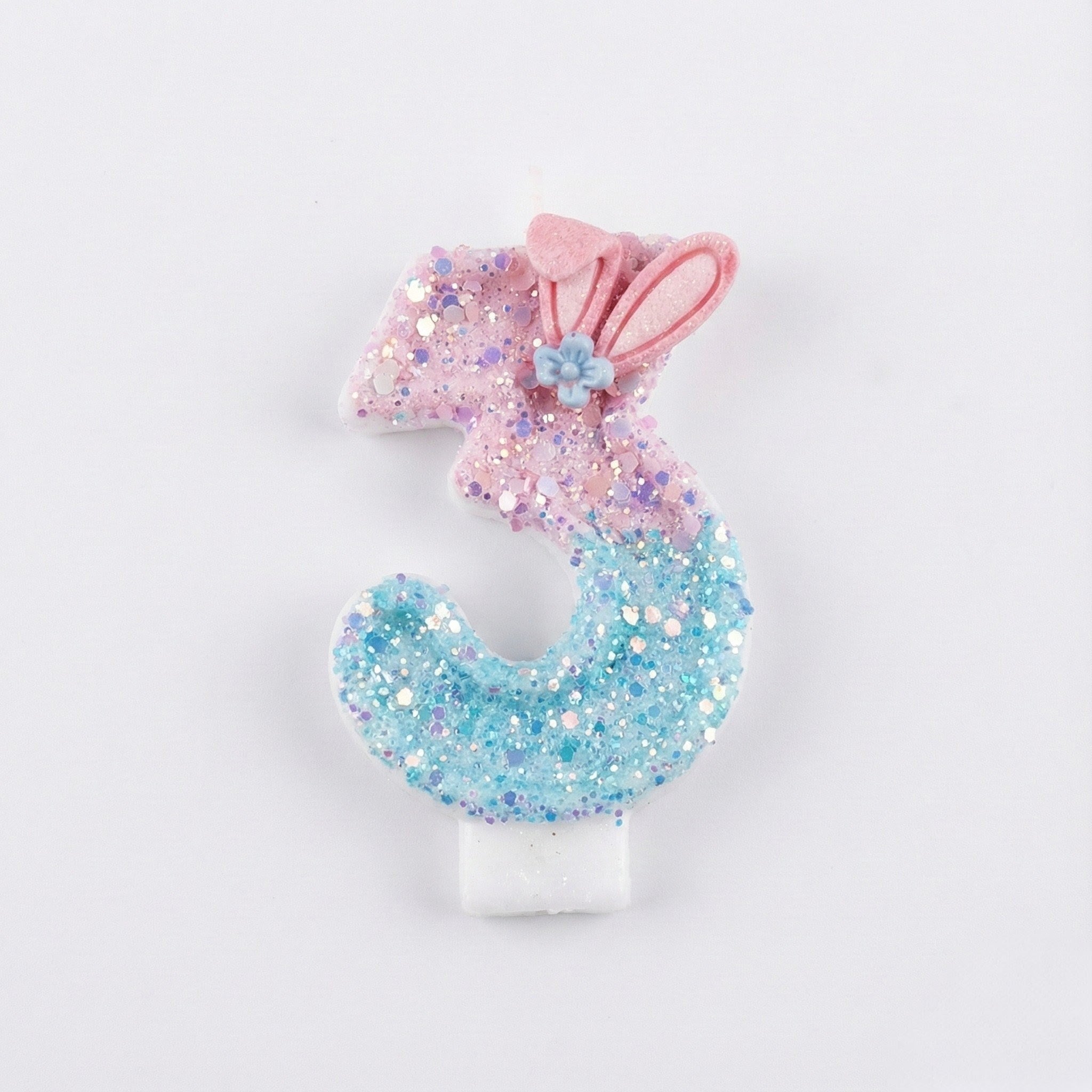 Pink & Blue Ombre Glitter Bunny Ear Number Birthday Candle! Comes in a clear case. Cute kawaii party decor
