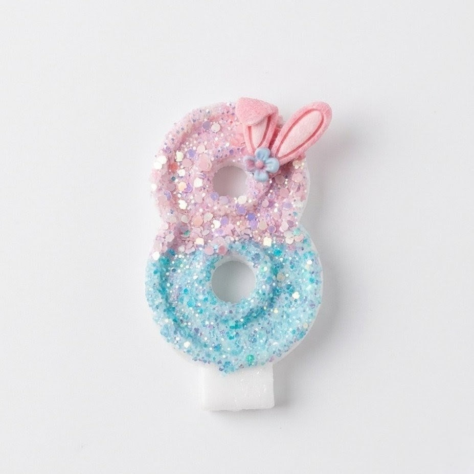 Pink & Blue Ombre Glitter Bunny Ear Number Birthday Candle! Comes in a clear case. Cute kawaii party decor
