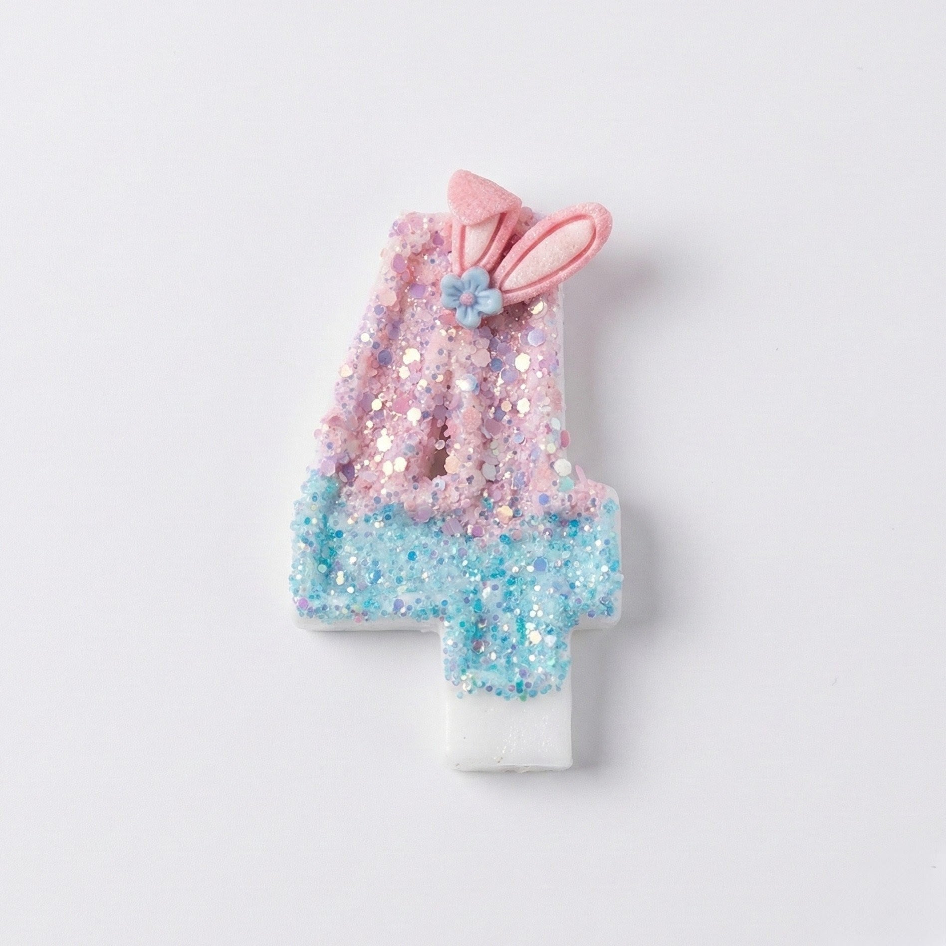 Pink & Blue Ombre Glitter Bunny Ear Number Birthday Candle! Comes in a clear case. Cute kawaii party decor