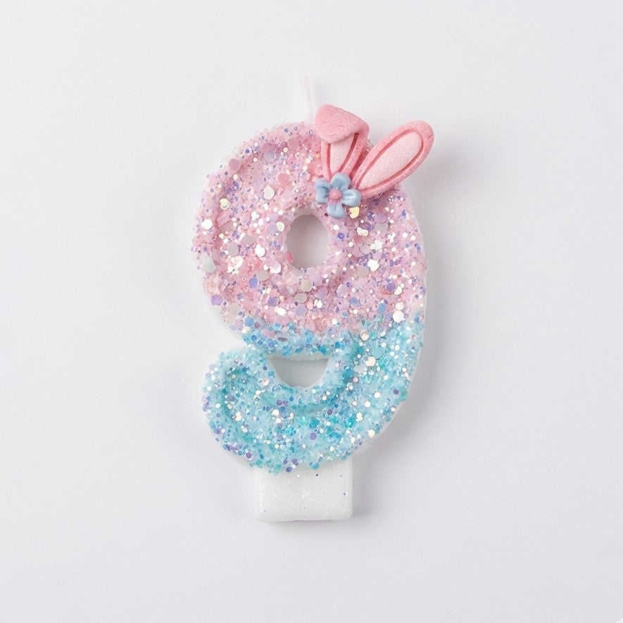 Pink & Blue Ombre Glitter Bunny Ear Number Birthday Candle! Comes in a clear case. Cute kawaii party decor