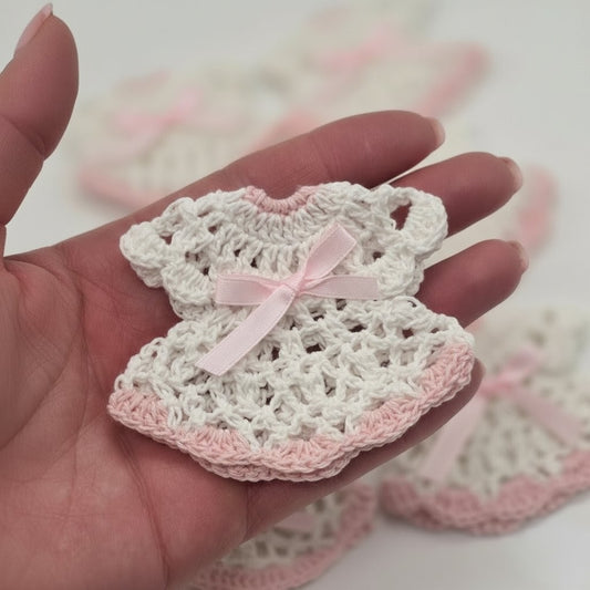 Mini Crochet Dress Party Gifts - Handmade Baby Shower Decoration & Guest Party Favors| Customizable Set with Hangers & Display Rack