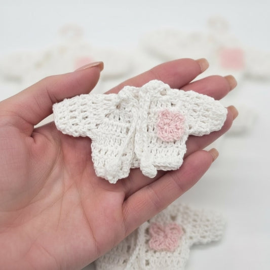Set of 6 Mini Crochet Party Girfts - Baby Shower Favors - Tiny Jackets in White with Pink Flower & Drawstrings Keepsakes - Party Decor