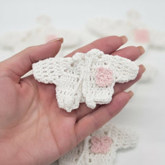 Set of 6 Mini Crochet Party Girfts - Baby Shower Favors - Tiny Jackets in White with Pink Flower & Drawstrings Keepsakes - Party Decor