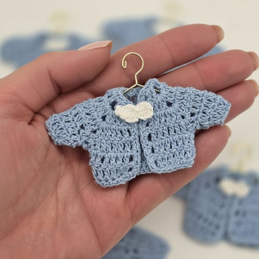 Tiny Crochet Baby Shower Party Gifts - Blue Mini Cardigan Jackets Favors with White Bow Ties - Gold Hanger & Rack Options - Handmade