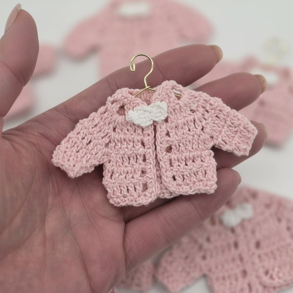 Tiny Crochet Baby Girl Party Gifts - Crochet Party Favors - Pink Mini Cardigans with White Bow Ties - Hanger & Rack Options - Handmade